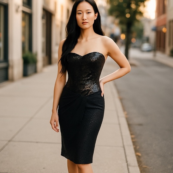 Betsey Johnson Dresses & Skirts - Betsey Johnson Black Sequin Dress Size 6 Fits Size 4 Strapless or with Straps